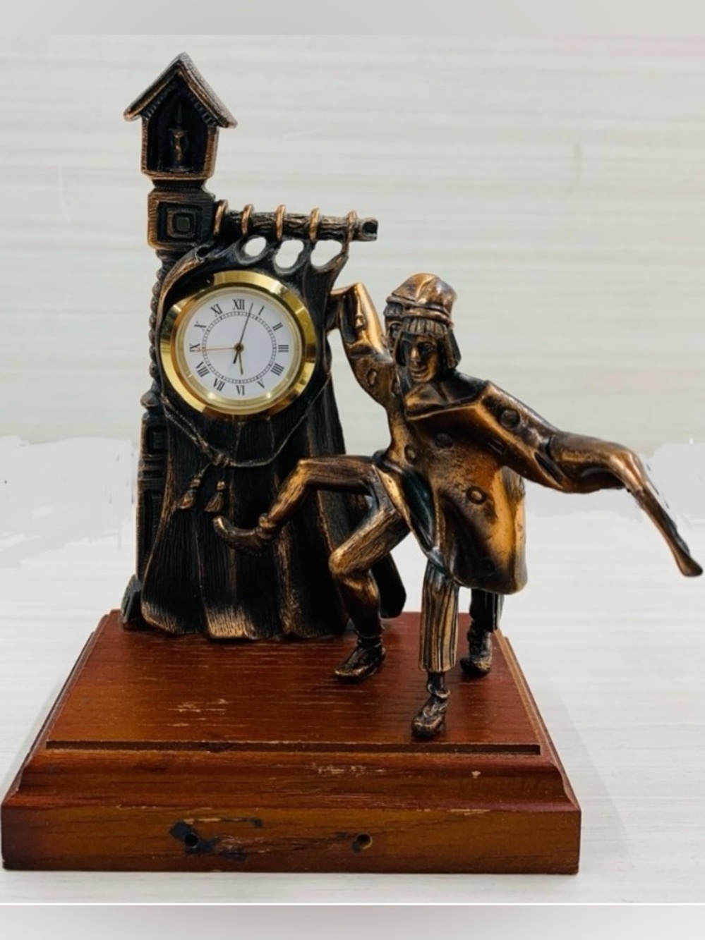 Vintage Russian Bronze Tone Folk Dancers Mantel Clock Sculpture